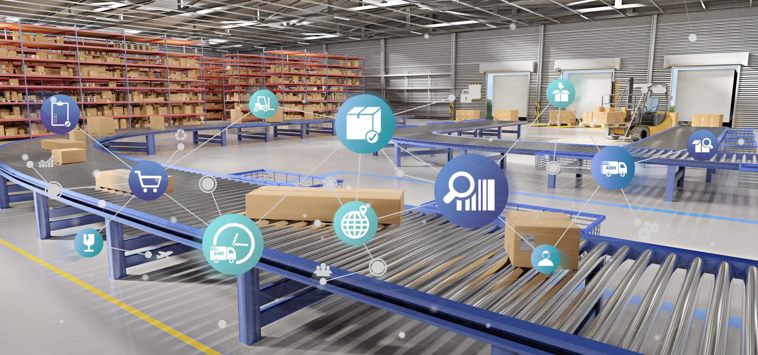 Boxes on a conveyor belt in a warehouse are overlaid with icons representing transportation and logistics.