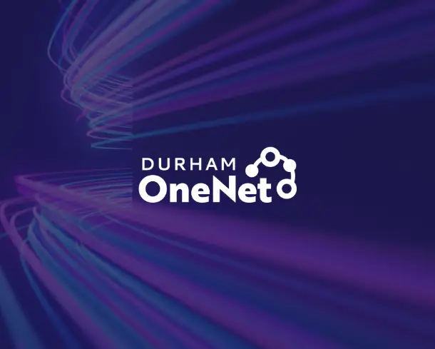 Purple and blue neon light streaks wrapping around a corner and the Durham OneNet logo.