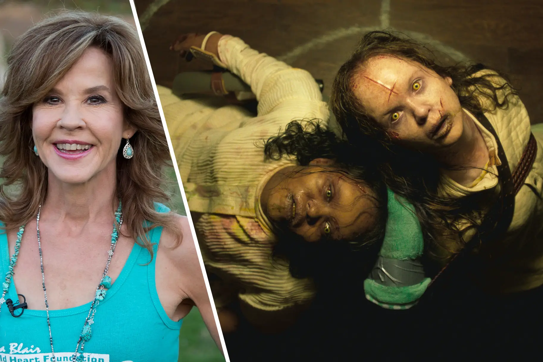 Split screen of Linda Blair smiling and a scene of two little girls from The Exorcist Believer